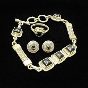 Sterling Silver & Onyx Bracelet + Earrings Set w/ Bonus Ring & Bags